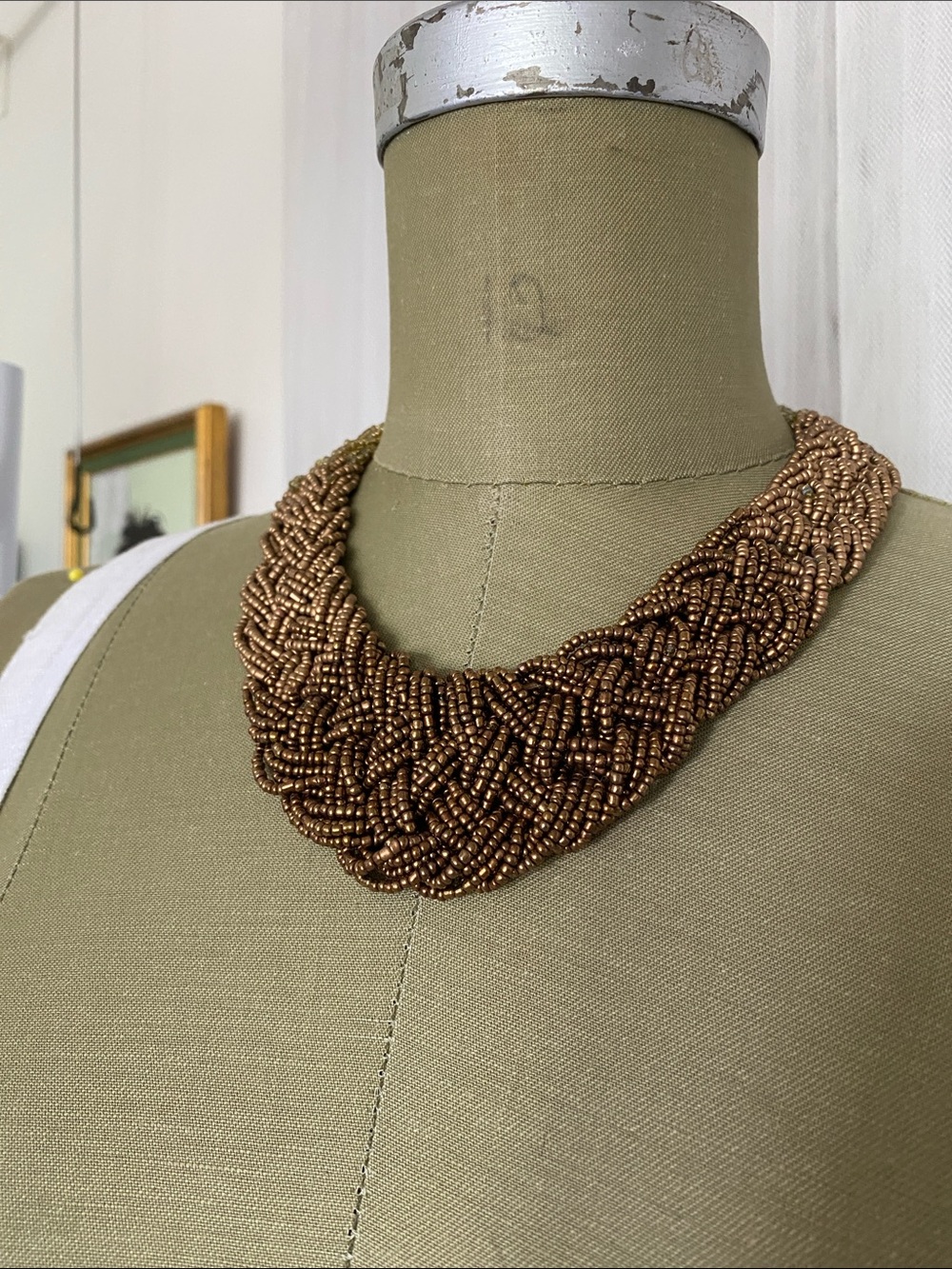 Braided Beaded Collar Necklace Taupe Bronze Champagne Ombré 18”